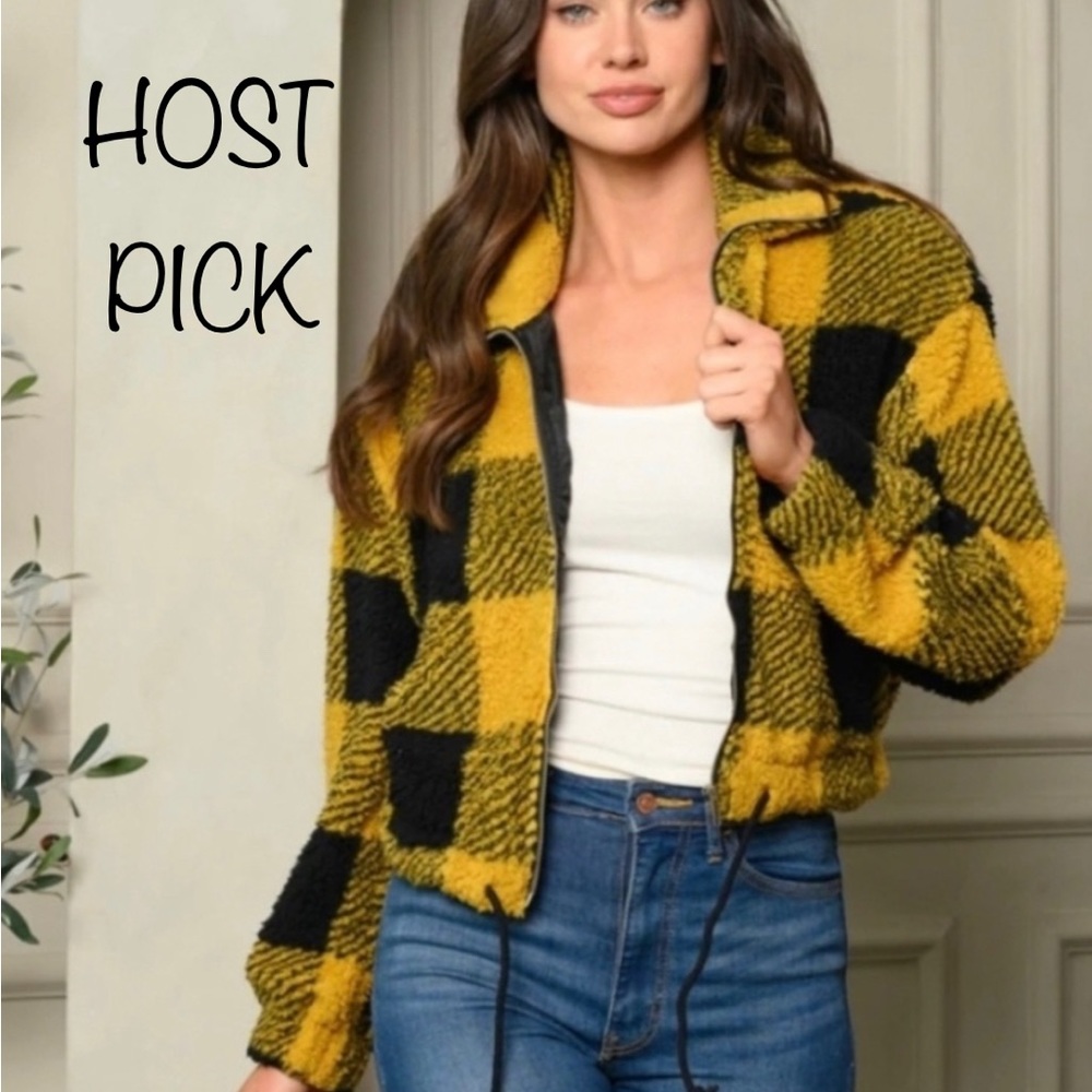 Mustard And Black Buffalo Plaid Sherpa Jacket